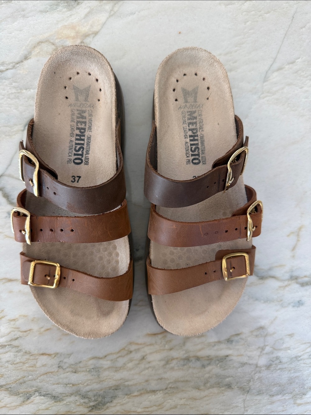 Mephisto Women’s Brown Triple-Strap Sandals with Gold Buckles - Picture 3 of 13